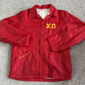 Vintage The Jacket Man Jacket Womens S Red Nylon Chi Omega Sorority Lined Snap